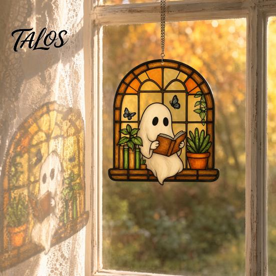 Window Suncatcher Decoration Halloween Ghost Reading Sun Catcher, Stained Glass Style Hanging Acrylic Catcher Ornament, Cute for Home Garden