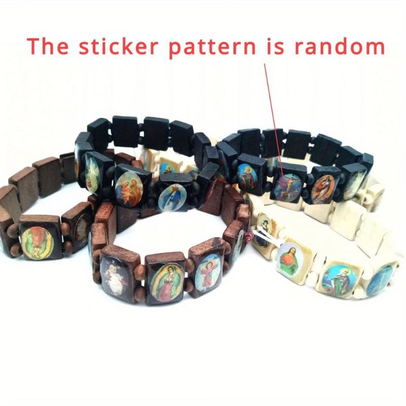 Wooden Rosary Bracelet - Elegant Religious Icon Stickers, Drip Oil Finish, Spiritual Beaded Prayer Jewelry For Devotional Wear