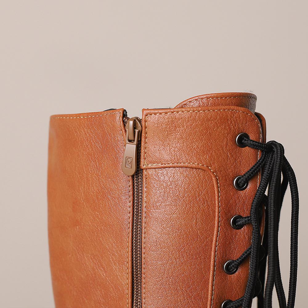 White Brown Women Mid Calf Boots Med Wedge Heel Big Size 50