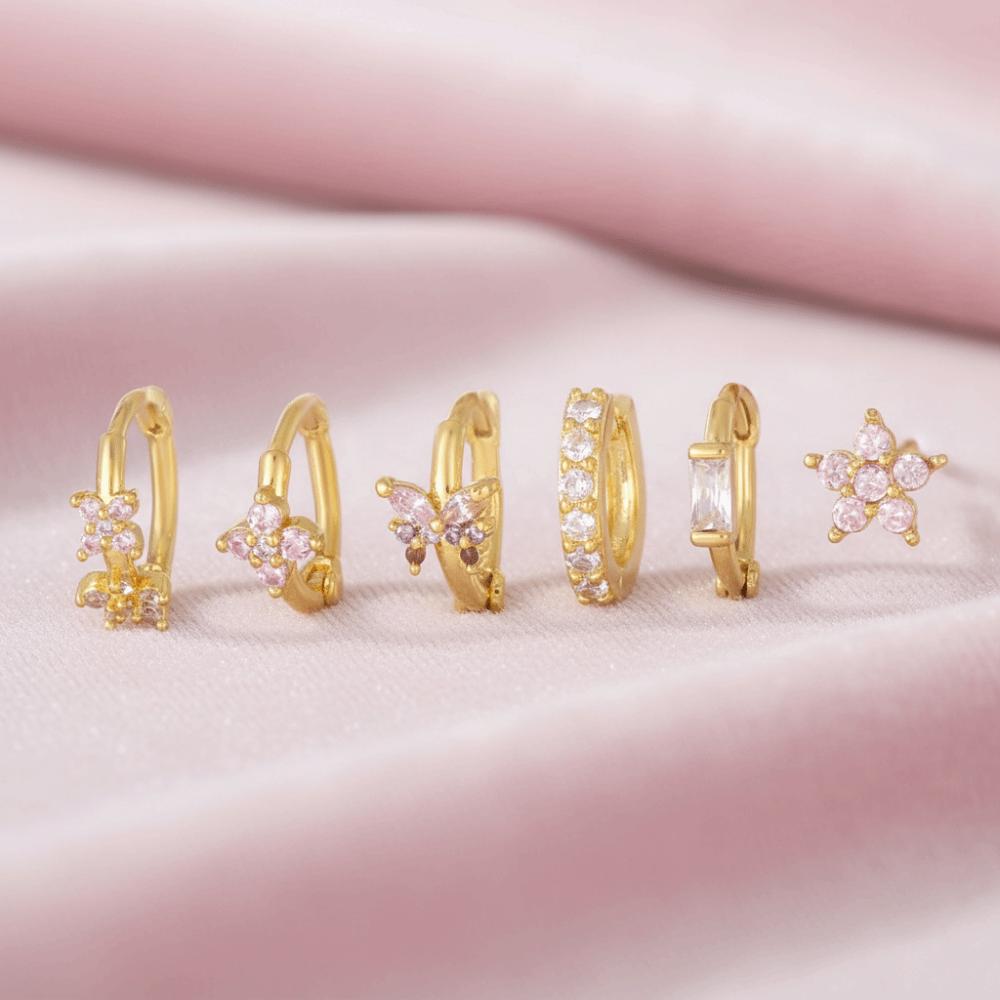 6Pcs Copper Flower Butterfly Earrings Hook Piercing Crystal Ear Studs Zircon Earring Set  Ladies