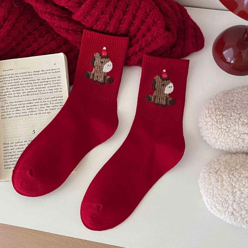 Red Color Women's Cotton Ankle Socks - Thick Soft Crew Socks For Cold Weather, Breathable & Warm