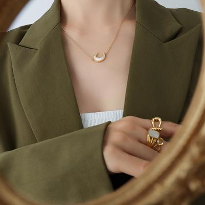 Korean Style Niche Fashion Moon White Sea Shell Pendant Necklace Earrings Titanium Steel Plated 18K Gold Jewelry Set