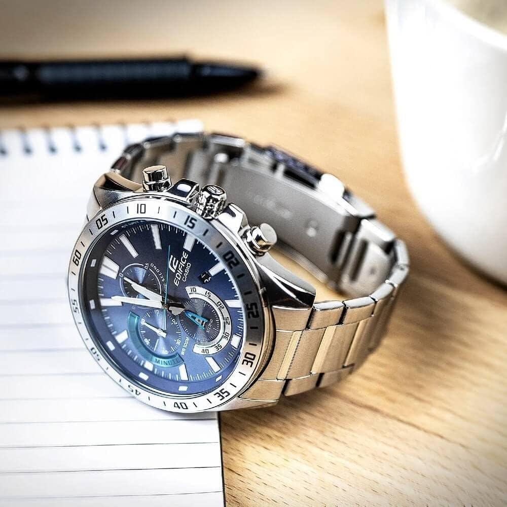 Casio Edifice Chronograph Analog Blue Dial Stainless Steel Band Made of stainless Men's EFV-620D-2AVUDF. steel. Classic.