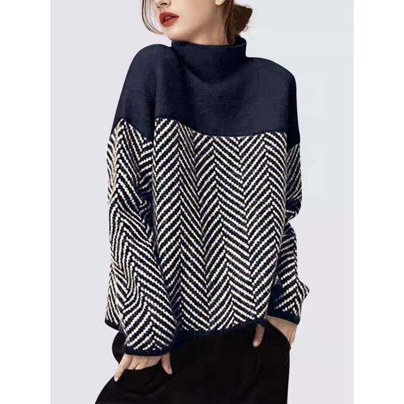 Womens Oversized Knit Sweater With Colorblock Stripe Design High Neck Loose Fit Winter 2025