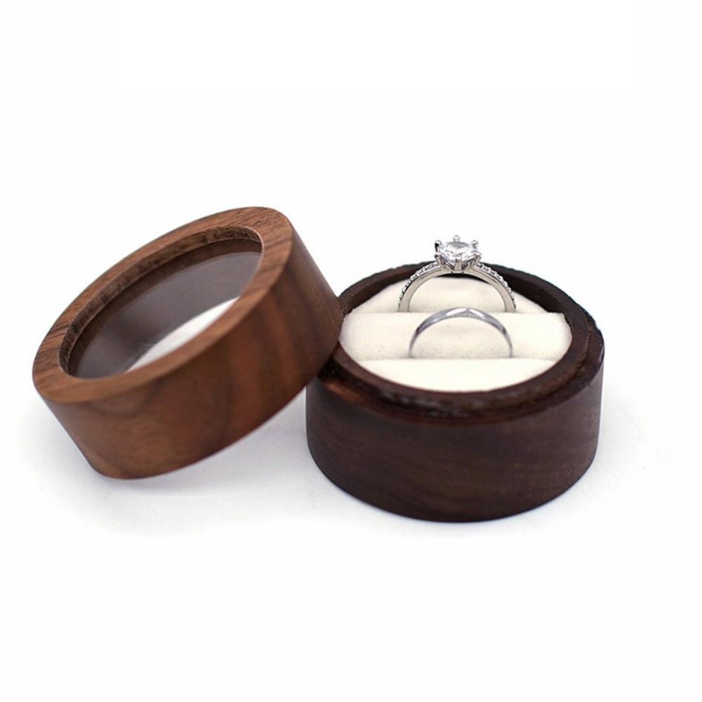 New Wooden Round Ring Box Transparent Cover Portable Engagement Ring Case Brown Ring Display Boxs Valentine's Day
