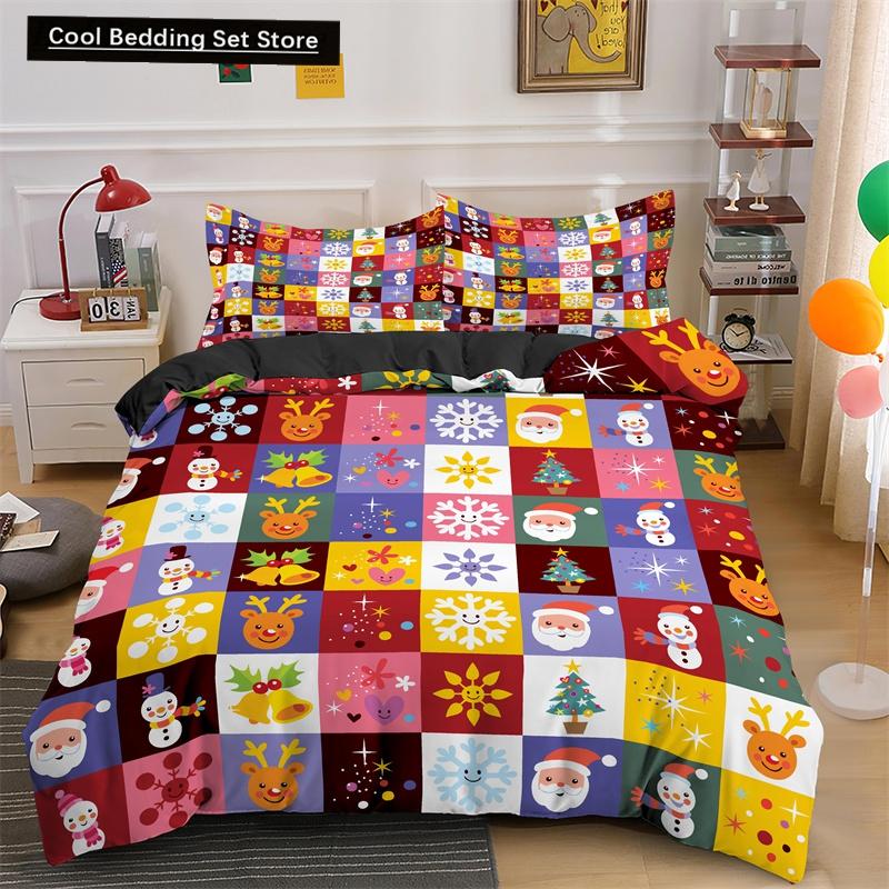 Frohe Weihnachten King Queen Bettwäsche Set Weihnachtsmann Schneemann Bettdeckenbezug Weihnachtsbaum Bettbezug Rot Polyester Steppdeckenbezug