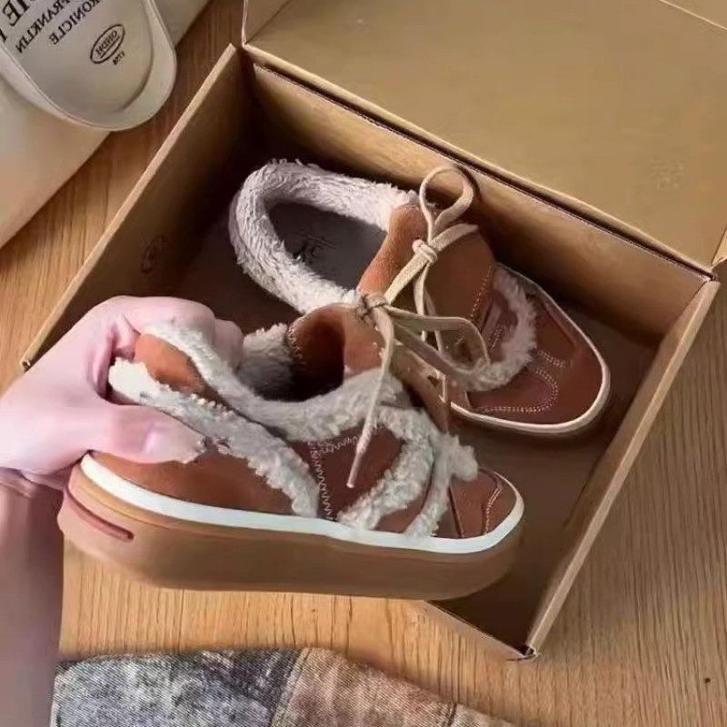 Fashion Women's Flat Sports Shoes Winter New Round Head Splicing Suede Front Lacing Anti-slip Wear-resistant Cotton Boots