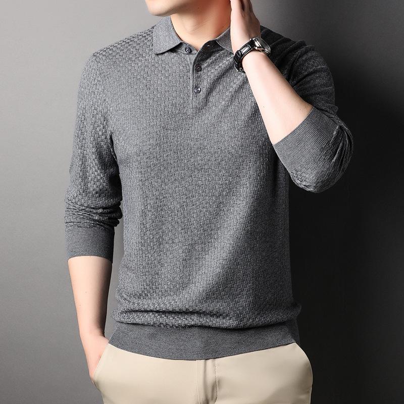 New Spring and Autumn Men's Long-sleeved T-shirt Knitted Bottoming Shirt Middle-aged Men's Wool Checkerboard Lapel Sweater