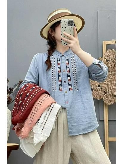 Women's Long Sleeve Embroidered Cotton Shirt, Ethnic Style, Loose Fit, Retro, Slimming Temperament Top