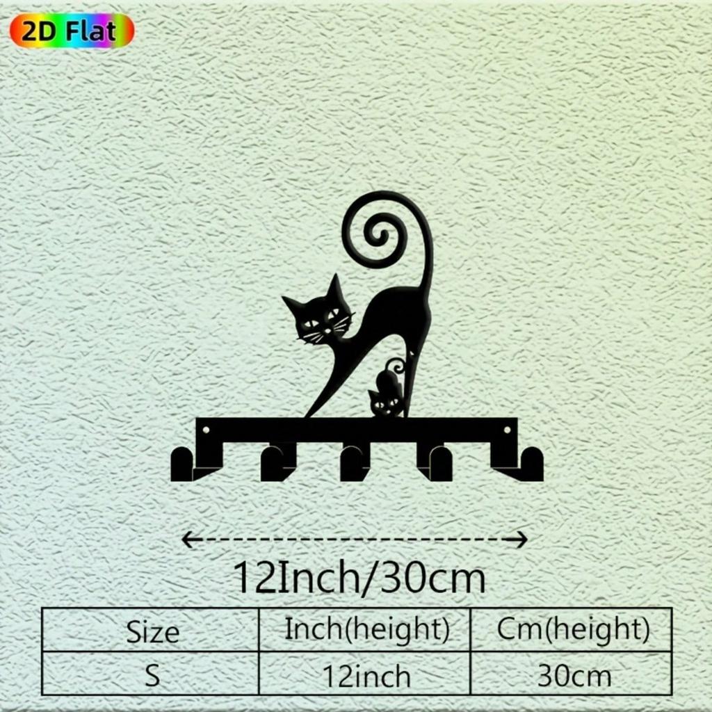 Modern Black Cat Key Holder Wall Mounted Metal Hanger with 5 Hooks Gift for Cat Lovers