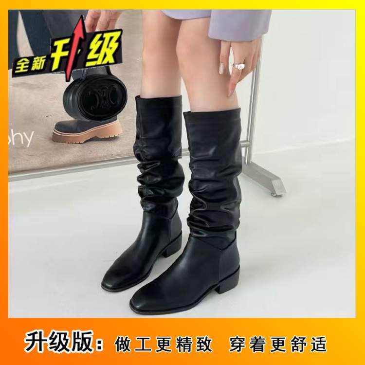 2025 Autumn and Winter Retro Square Head Sleeve Boots Western Boots Knight Boots Women's Foreign Gas High Tube Pleated Knee Boots Thick Heel