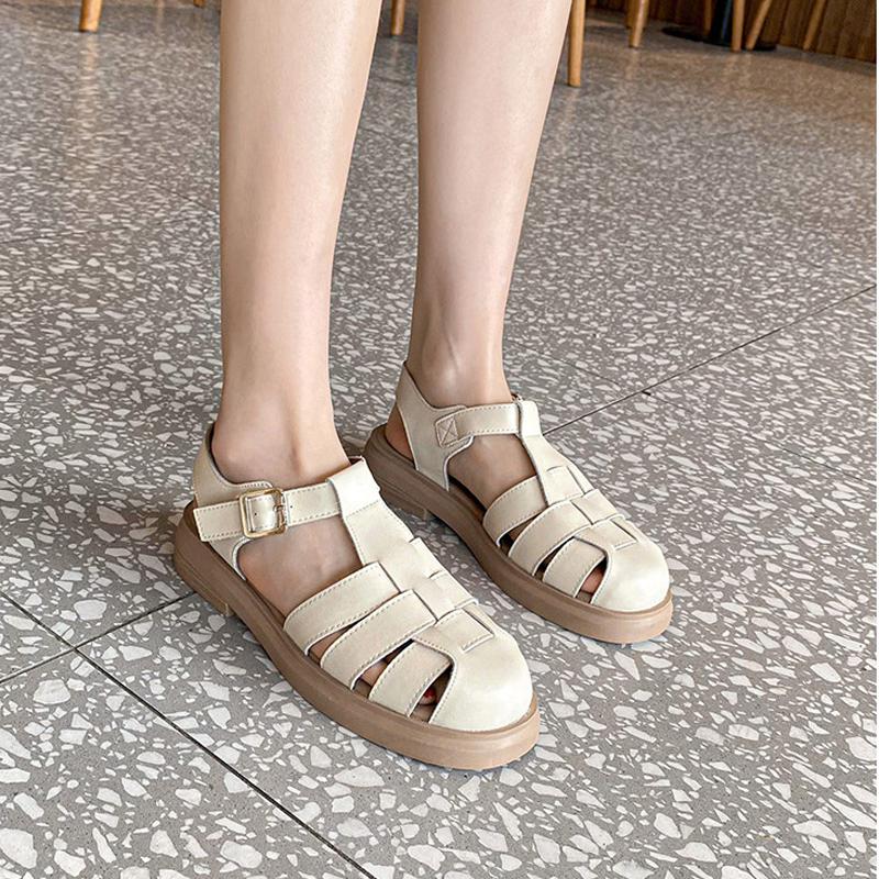 Мода 2024 Римские гладиаторские сандалии Женские вязаные кожаные туфли на низком толстом — фото 6