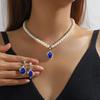 2Pcs/Set Imitation Pearl Jewelry Set Retro French Style Blue Waterdrop Faux Gem Charm Necklace Earrings Set