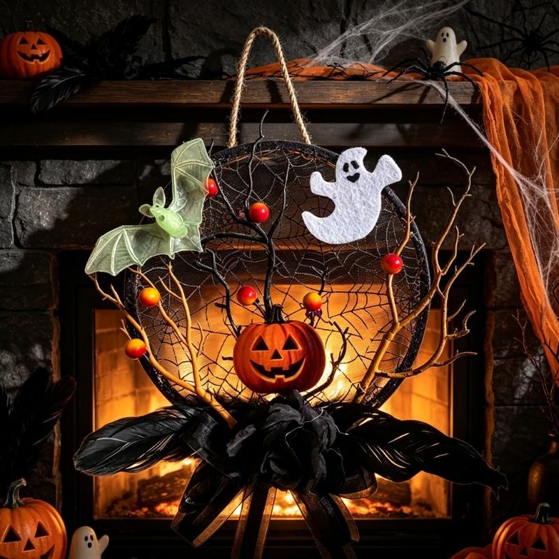 Autumn Entryway Wreath for Indoor Display with Bat Figures, Seasonal Symbol, and Loop Included for Quick Hook Placement, 11.4 Inch Size