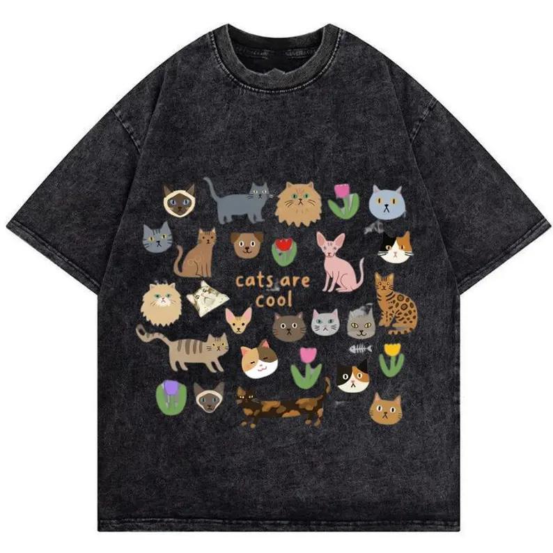 

Vintage Washed Angel Cat Flower Print TShirt Cute Fairy Kitten Floral Tee Casual Loose Fit Short Sleeve Tops for Unisex Women S