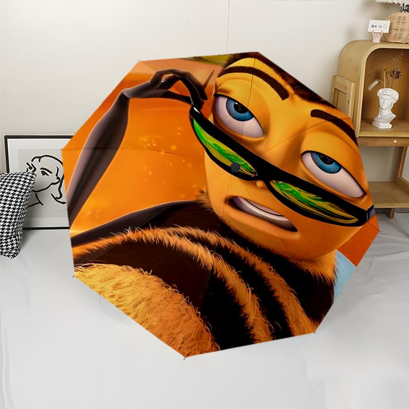 Bee Movie Print Automatic Umbrella, 8 Rib Iron Frame, Plastic Handle, Suitable for Outdoor Travel &Daily , Ideal Gift