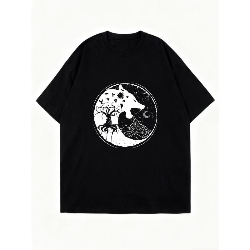 Übergroßes T-Shirt-Kleid Schwarzer Wolf und Mond Yin Yang Druck für Freizeitkleidung