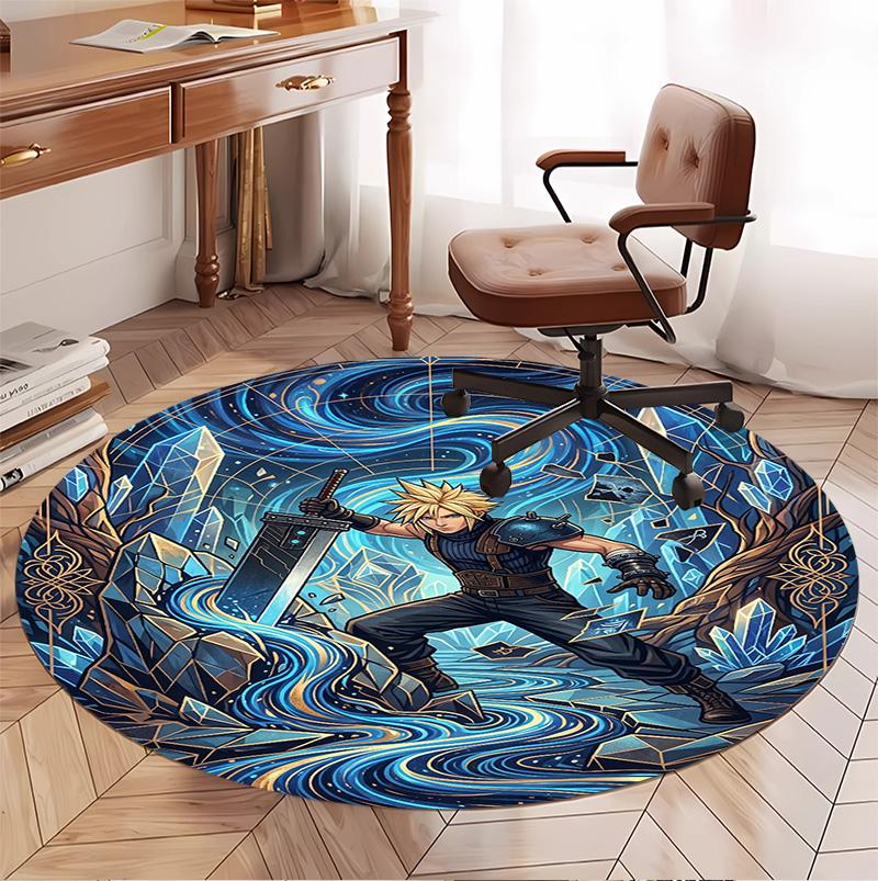 Final Fantasy Pattern Round Rug, Indoor/Outdoor Mat, for Picnic, Gameroom, Bedroom, Office, Living Room, Home Decor Carpet, Birthday Gift