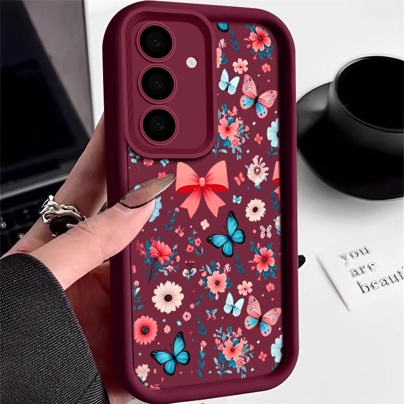 Butterfly Floral Pattern Anti-Fall Case For Samsung S25 Ultra S24 FE S23 S22 A56 A36 A26 A16 A15 A35 Matte Shockproof TPU Soft Phone Cover