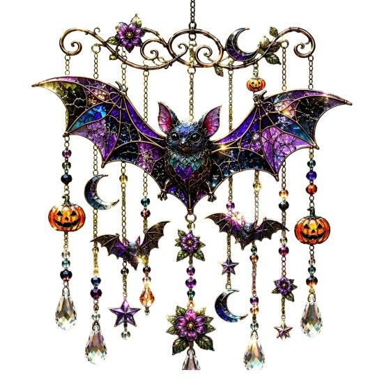 Seasonal Party Hanging Decor Halloween Wind Chime, Colorful Bird Sun Catcher, Cute Garden Ghost Windchime, Decoration for Patio Yard Faux Crystal