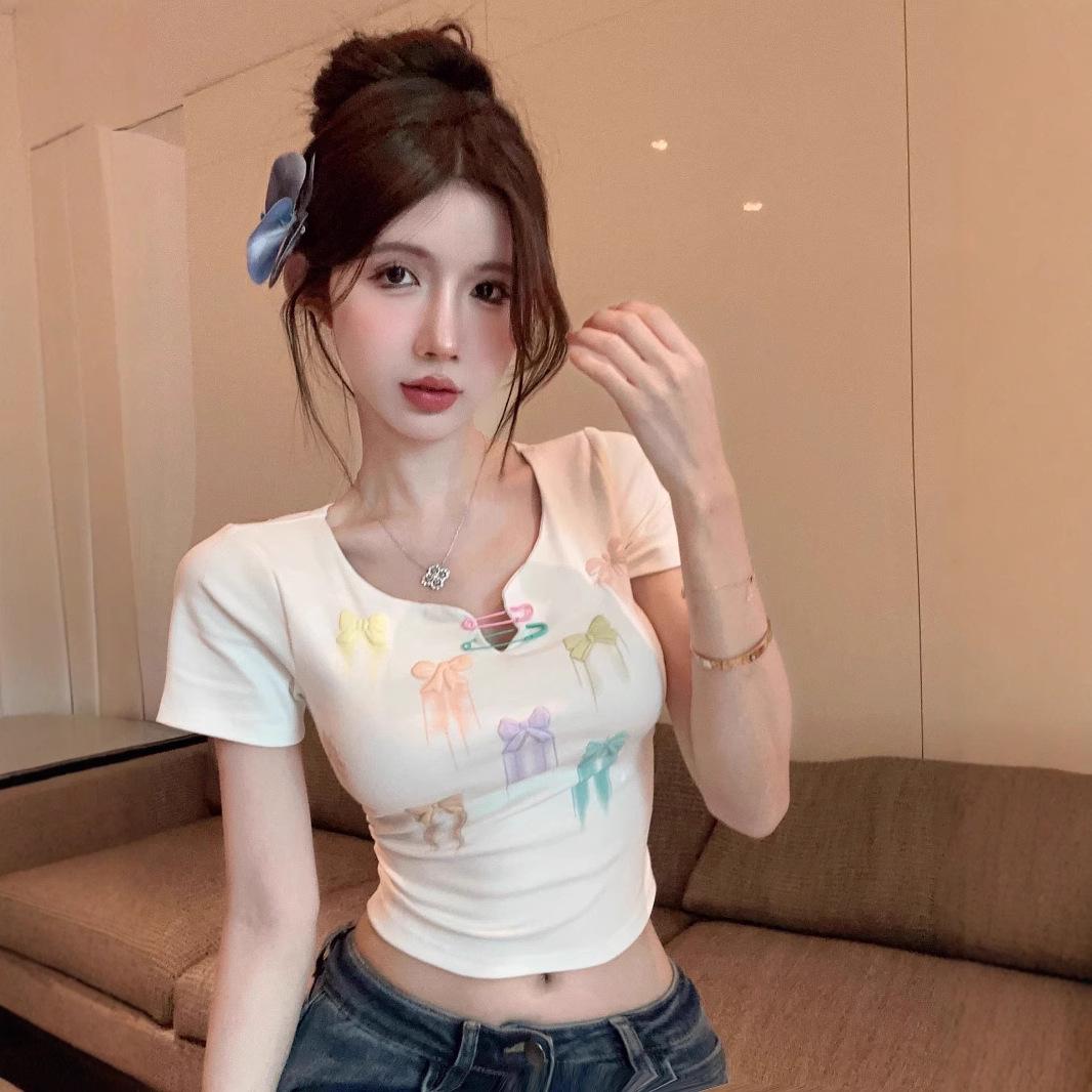 

Dopamine Bow Short Sleeve Crop Top for Women - Summer Style Large білий