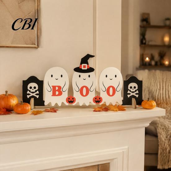 Festive Desktop Ornaments Cute Ghost Halloween Wooden Decor, BOO Pumpkin Witch Tabletop Ornament Table Decorations for Desk Shelf, Soft Spooky
