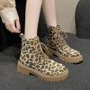Fashion Autumn Winter Round Toe Leopard Print Ankle Boots for Women Chunky Lace-up Woman Short Shoes Y2k Goth Fleece-Lined Biker Booties