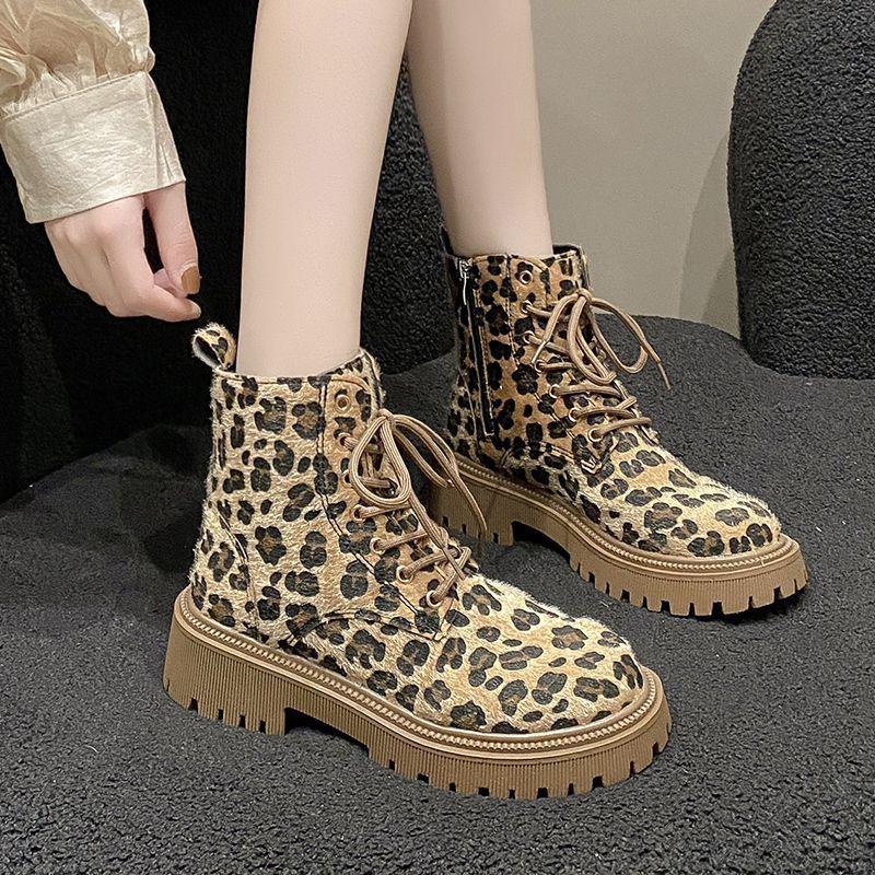 Fashion Autumn Winter Round Toe Leopard Print Ankle Boots for Women Chunky Lace-up Woman Short Shoes Y2k Goth Fleece-Lined Biker Booties