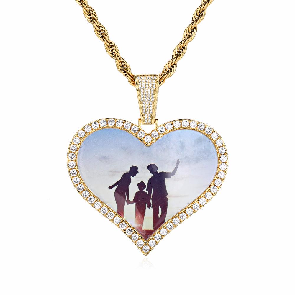 Personalized Men's Heart Pendant: European & American Hip Hop Necklace with Zircon-Embellished Photo Frame