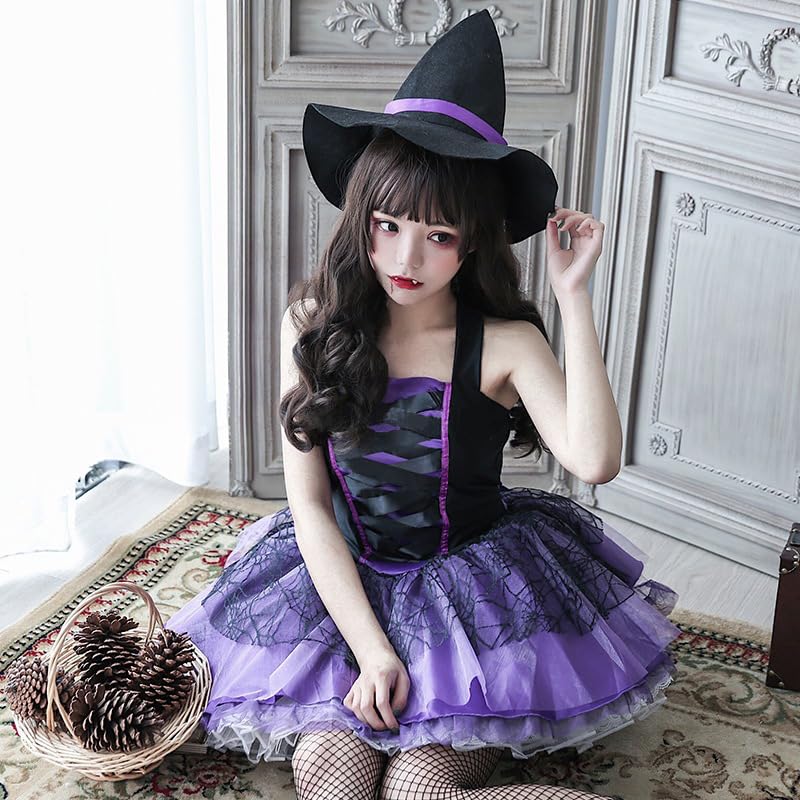 MEYOIJK Costume Cosplay da Strega di Halloween per Adulti Grim e Carino e Sexy Abito Gotico Lolita con Frac e Mini Costume di Halloween con Cappello e