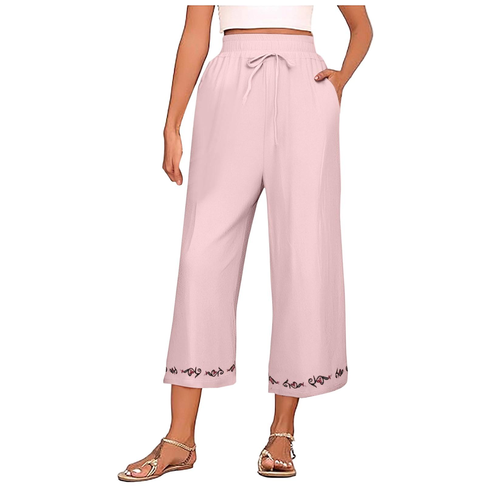

Женские летние однотонные свободные брюки из хлопка и льна с вышивкой и девятью точками L розовый