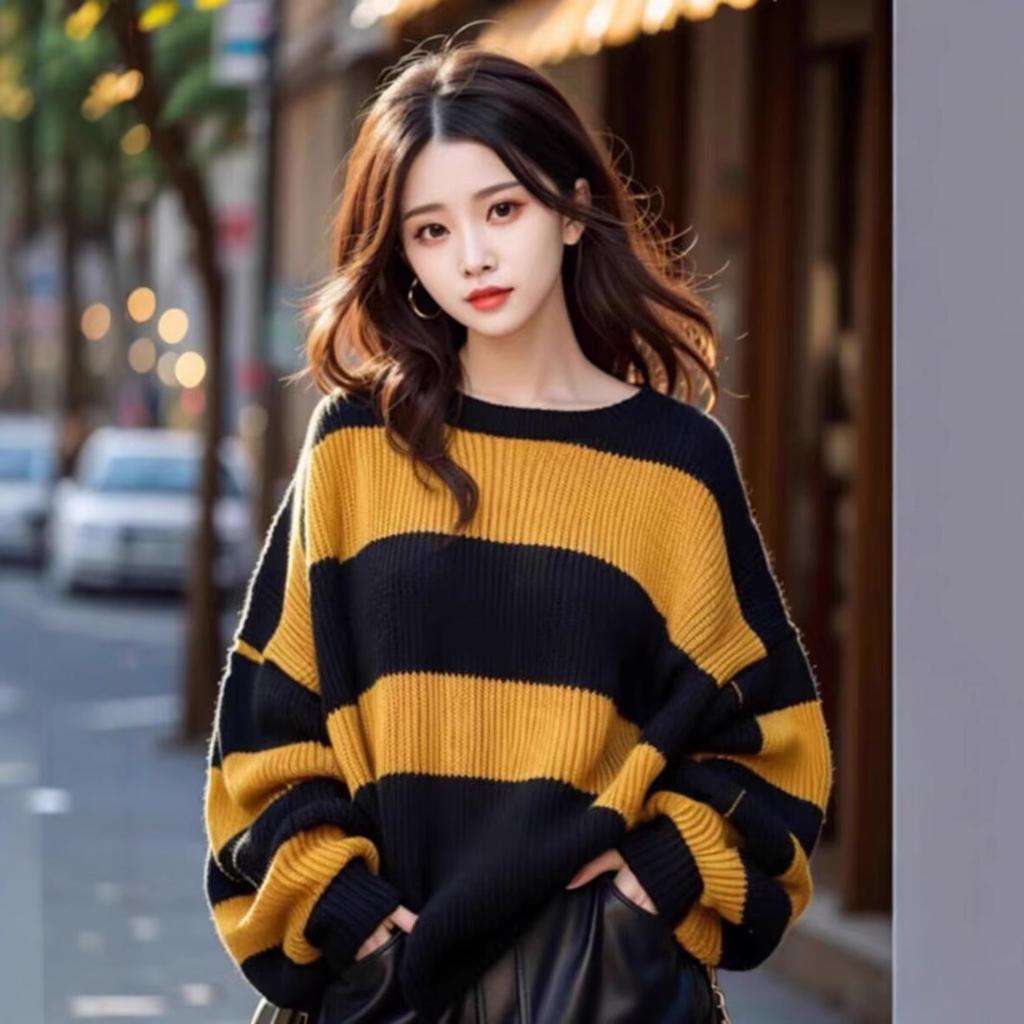 Color Blocking Striped Loose Sweater Women's Long Sleeved Pullover Knitted Sweater Top