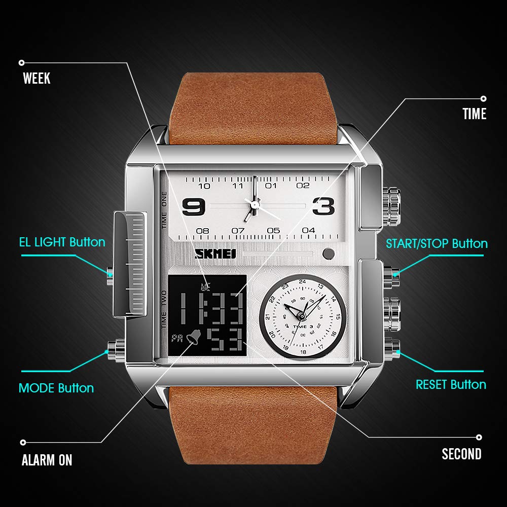 SKMEI Men's Digital Sports Watch LED Square Large Face Multi-Time Zone Waterproof Stopwatch Silver Brown