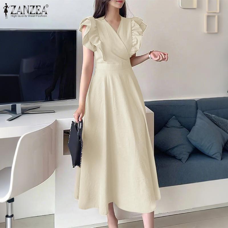 ZANZEA Abito Lungo Estivo da Donna con Scollo a V, Maniche a Volant, Ampio, Casual