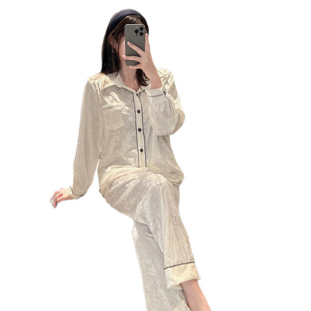 Golden diamond fleece pajamas women's autumn new light luxury high-end lapel cardigan loungewear long-sleeved loose pajamas set