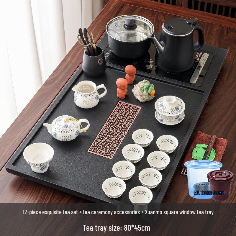 Exquisite 12-Piece Chinese Ceramic Tea Set with Automatic Water Inlet Tea Tray