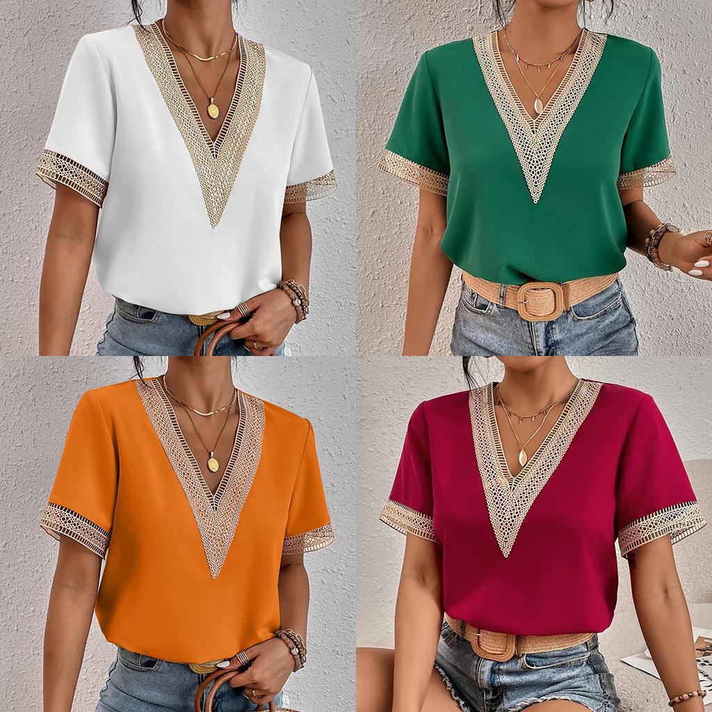 8 Color  European and American New Solid Color Round Neck 5/4 Sleeve Short Sleeve Loose Chiffon Top for Women