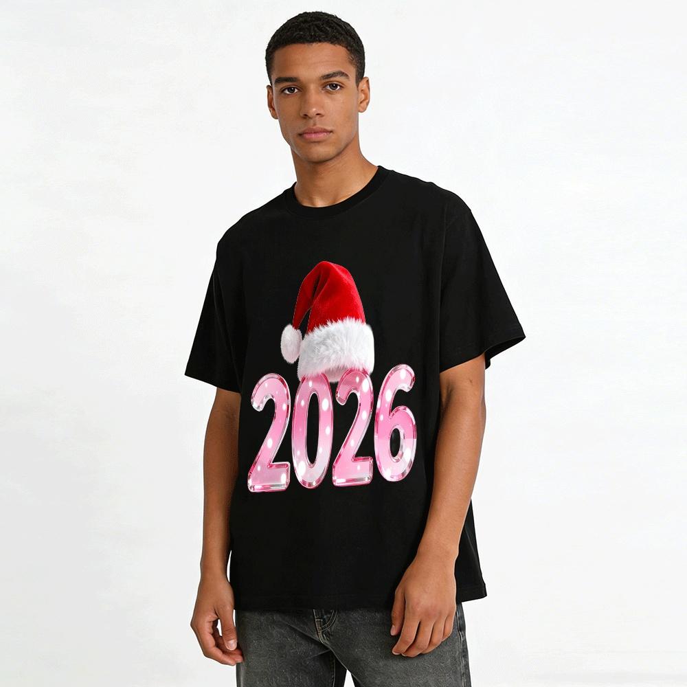 2026 Christmas New Year Pink Number Print Casual Top Pure Cotton T-shirt