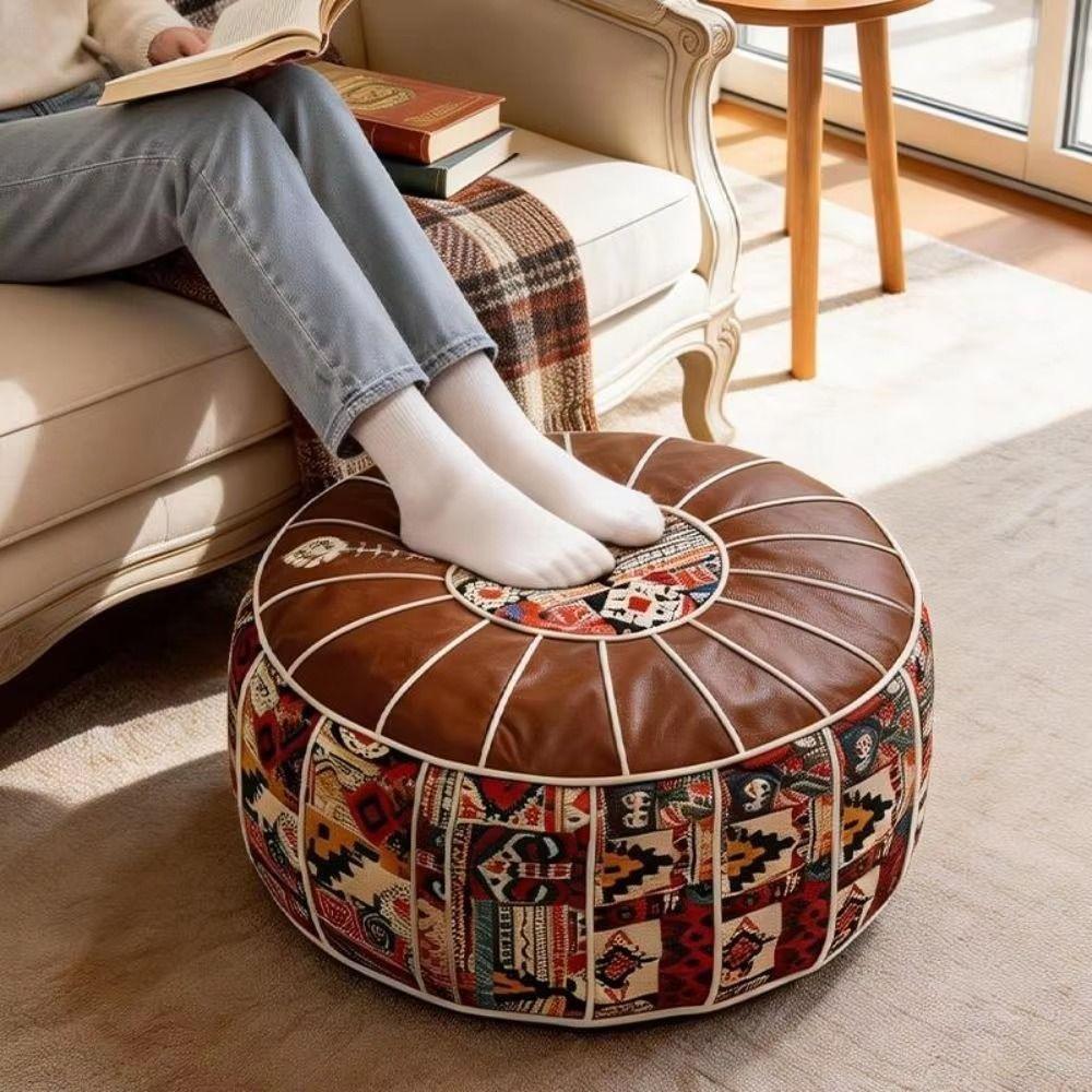 Embroider Craft Boho Seat Cushion Cover Leather Storage Bag Pumpkin Pouf Cover  Home Use