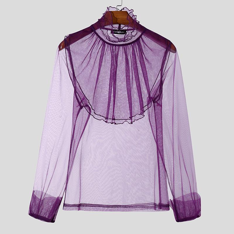 INCERUN Men Turtleneck Ruffled Layers Long Sleeve See Through Party Mesh Sheer Tops