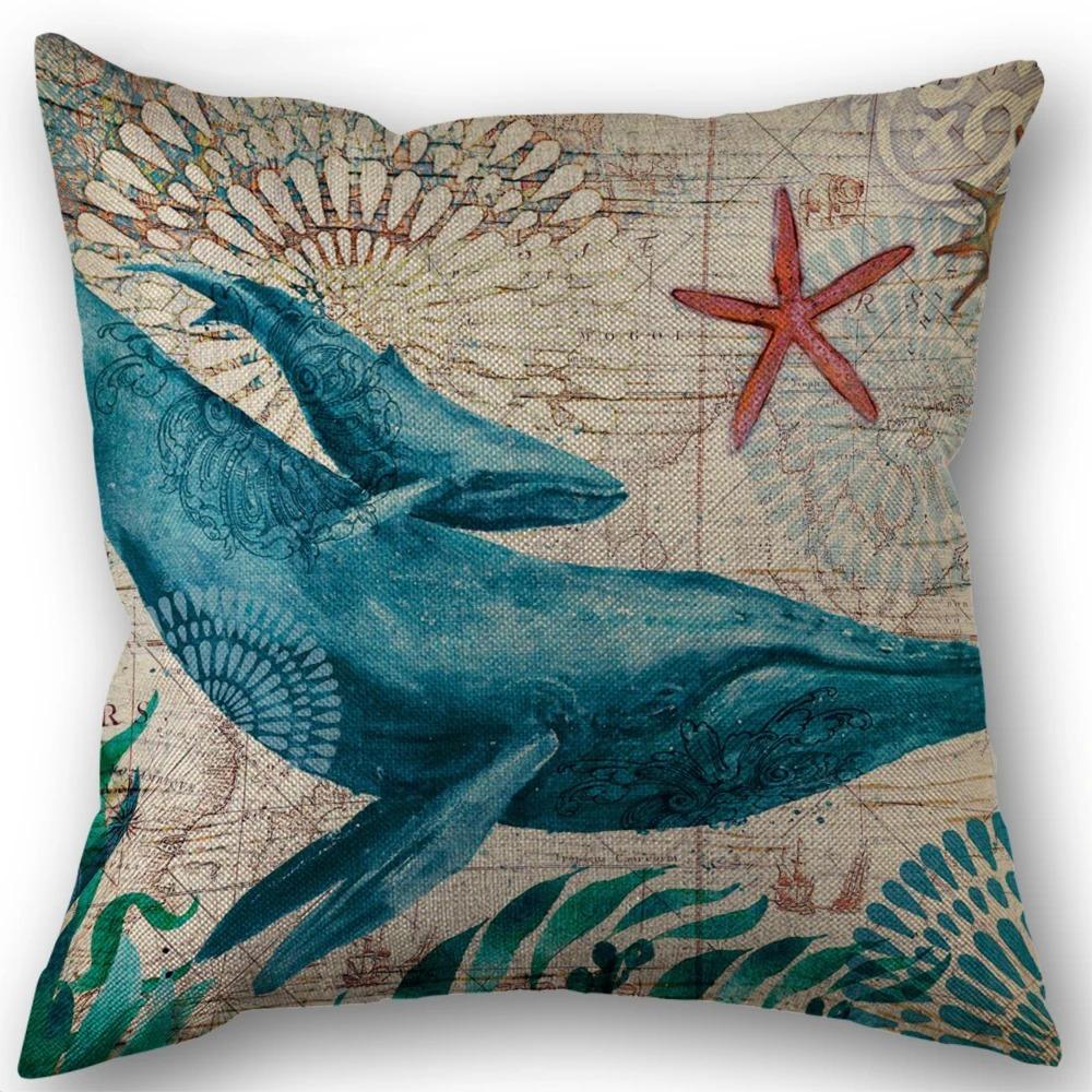 Marine Life Turtle Seahorse Whale Octopus Cushion Cover Pillow Cover Retro Linen Fabric 45x45cm