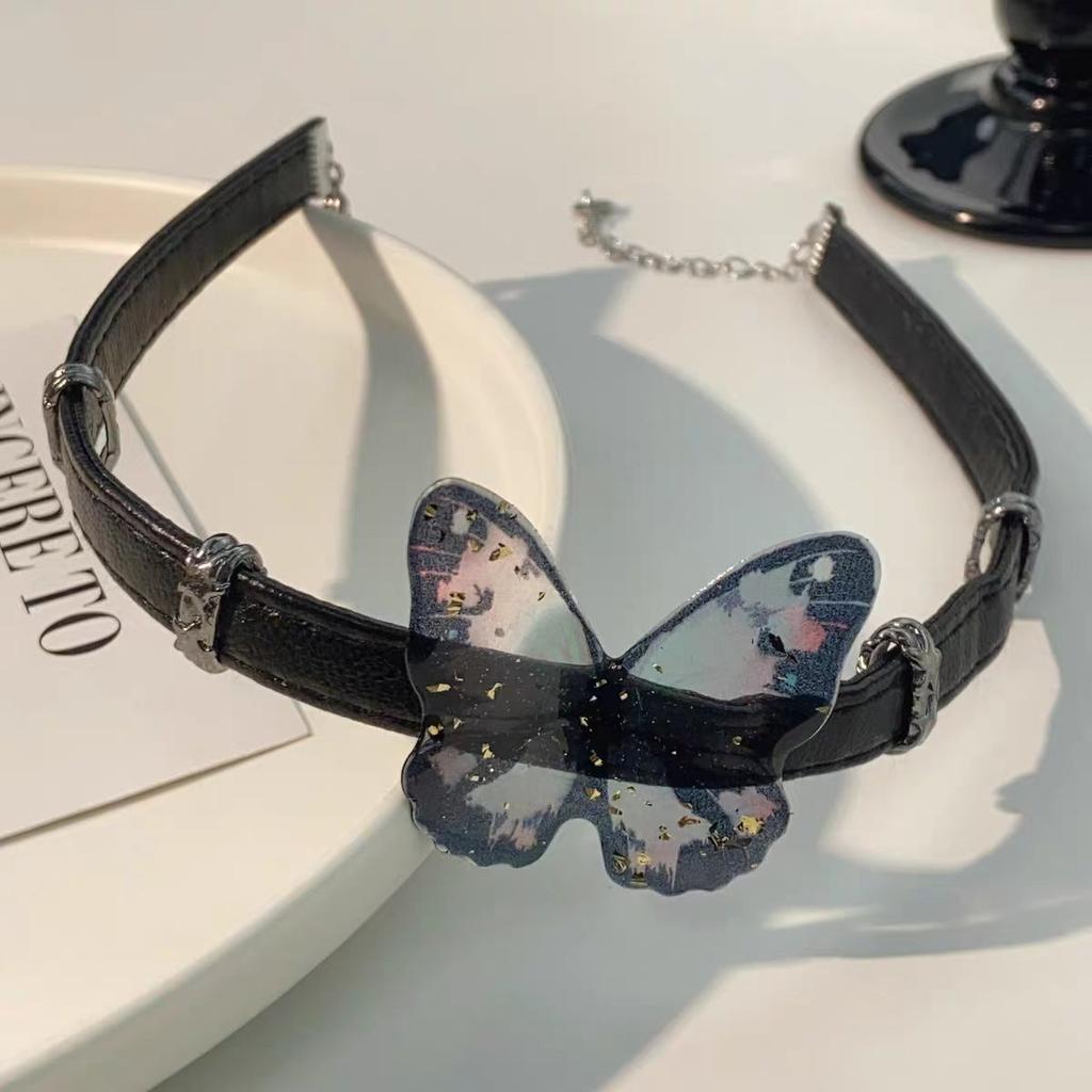 Sweet cool personality babes rivet black leather butterfly choker collar subculture punk necklace collarbone chain tide