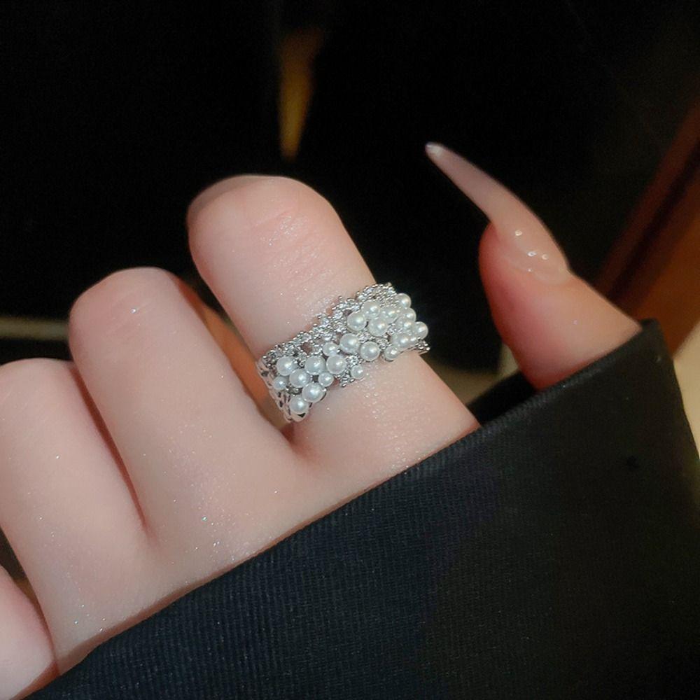 Geometry Pearl Open Ring Irregular Metal Rings Adjustable Vintage Rings Party