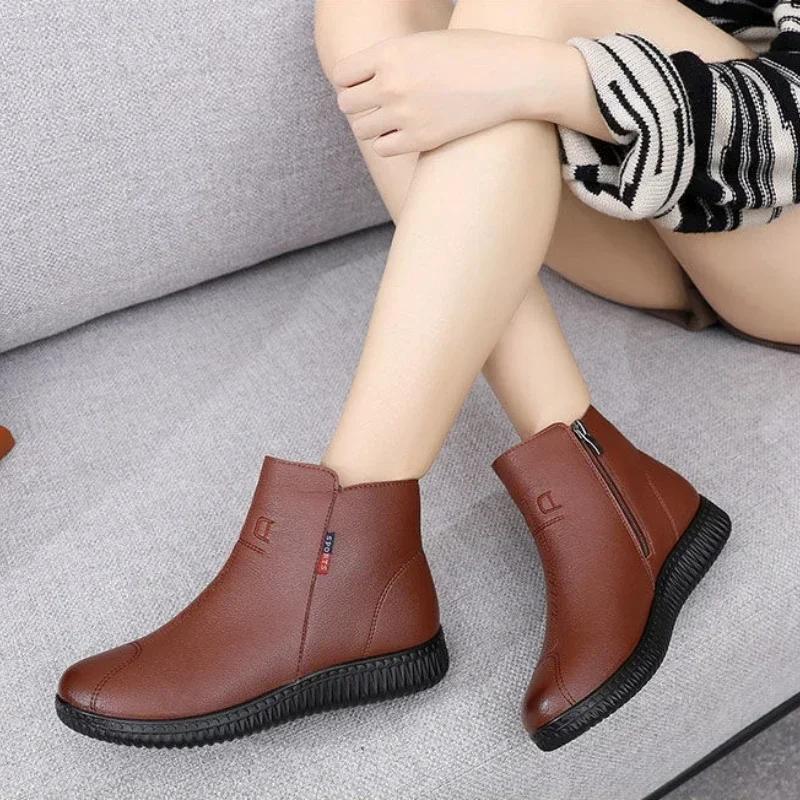 Winter Warm Shoes Woman Black Short Boot With Fur Women's Leather Ankle Boots Women  Waterproof Ladies Zip Up Booties