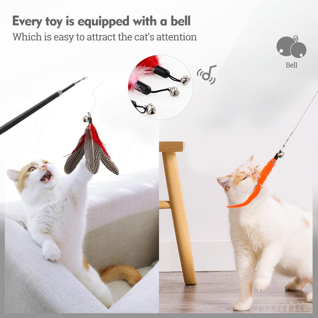 WD&CD Cat Teaser, Cat Toy, Set of 12 Replacement Feathers and 2 Rods, Natural Feather Toy with Bell, Dangle Cat Toy, Pet Supplies, 14-Piece Set