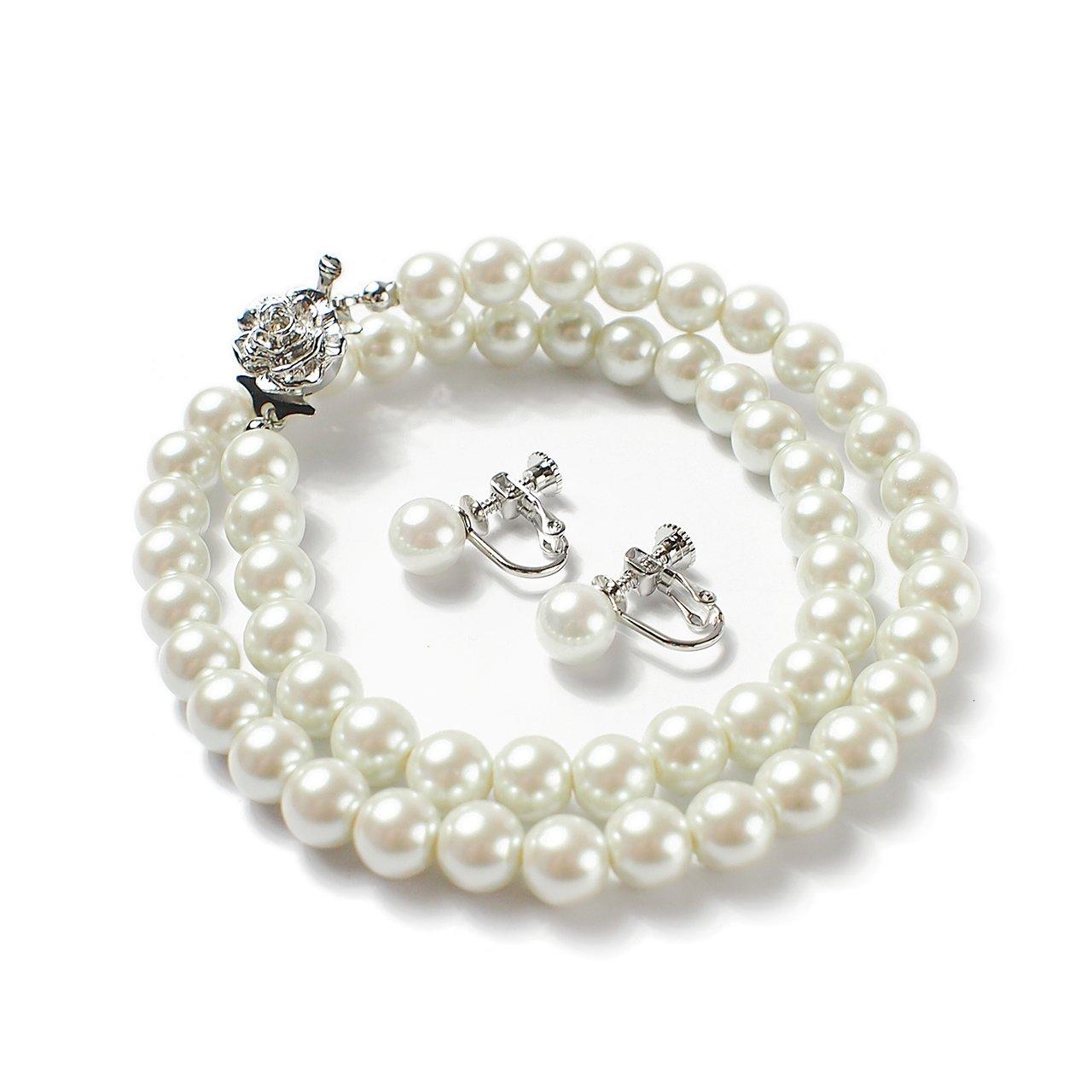 

Pearl necklace and Made in Japanese white 8mm For ceremonial Drawstring bag 6 sizes to choose from [CRANES COLLECTION] earrings, 2-piece set, Japan, білий