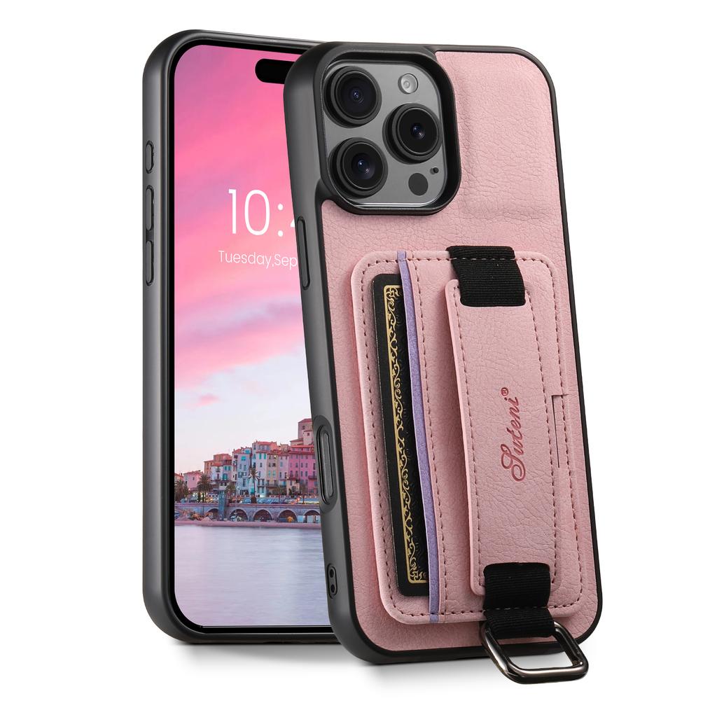 SUTENI H13 For iPhone 16 Pro Max Case Litchi Texture Leather+TPU+PC Cover with Card Holder Kickstand
