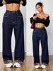 Women's Retro Dark Blue Leopard Print Plush Lined Denim Pants - Autumn/Winter Thick Long Pants