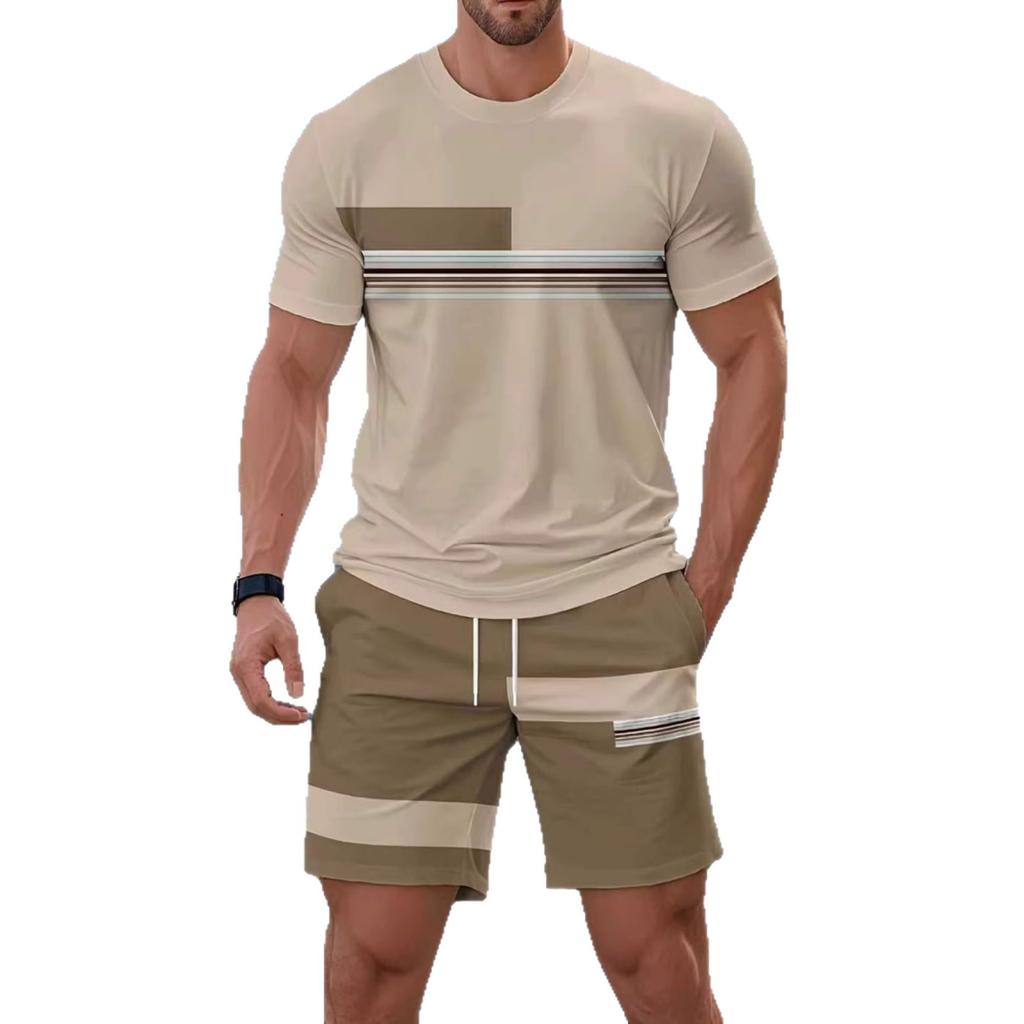 Summer  Arrival Men's Casual Two-Piece Set Striped Print Short-Sleeve Shirt and Athletic Shorts Set