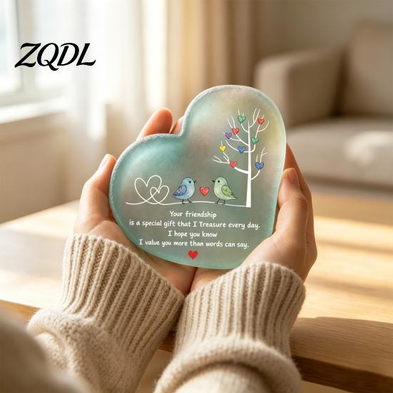 Healing Style Bird Pattern Ornament Heart Shape Acrylic Friendship with Engraved Verse & Tree, Desktop Appreciation Gifts for Long Distance Friend Art